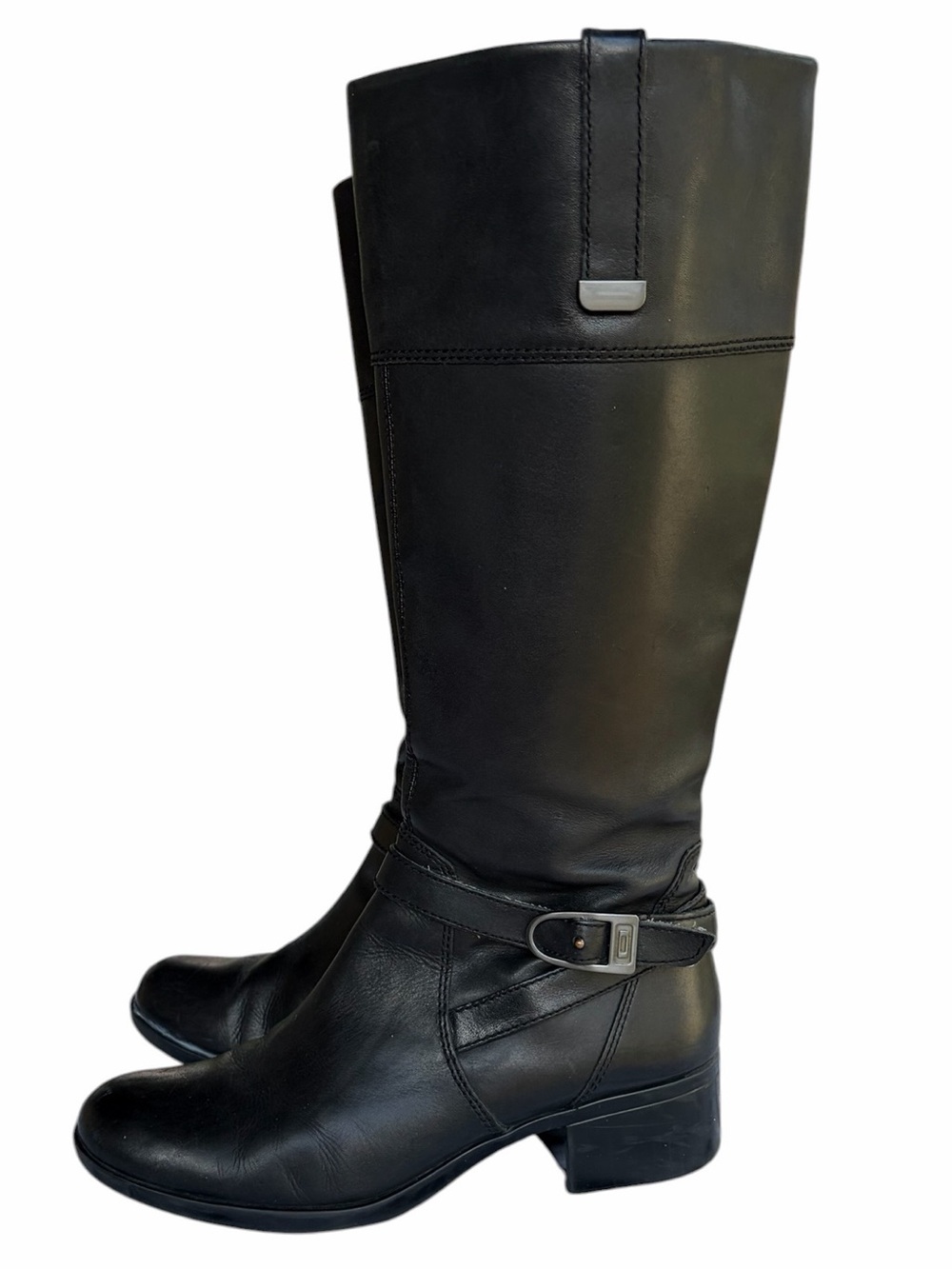 Bandolino Womens Black Leather Knee High Round Toe Boots with Buckle Detail